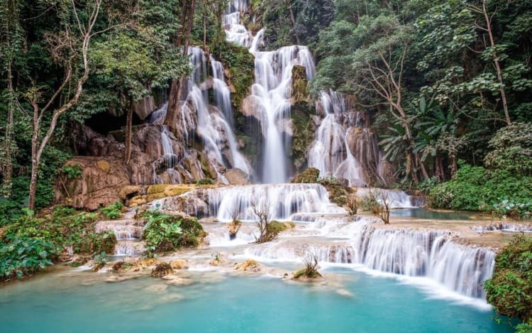 The crystal-clear waters of Kuang Si Waterfalls