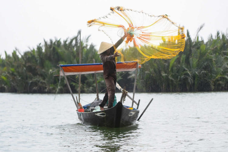 Casting a fish net in Bay Mau coconut forest