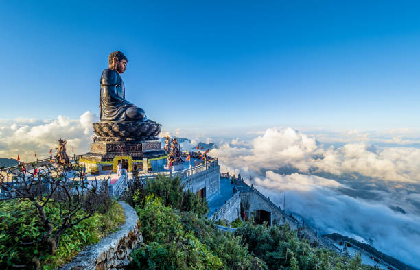 The grand Buddha bronze statue standing amid epic mountains.