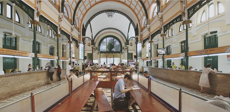 Wooden counters in the heart of post office